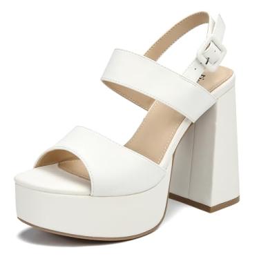 Imagem de risdoada Salto plataforma feminino 11 cm, salto alto grosso, tira no tornozelo, bico quadrado, sandálias de salto alto para festa de casamento, Branco, 40