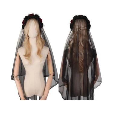 Imagem de Tiara De Noiva Com Véu, Design De Caveira, Teia De Aranha E Rosa Preta