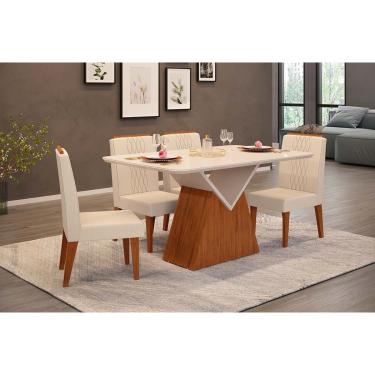 Imagem de Conjunto: Mesa de Cozinha Argo c/ Tampo Madeirado c/ Vidro Curvo 136x90cm e 4 Cadeiras Lia Freijo/Off White - Linho Neve - DJ Móveis