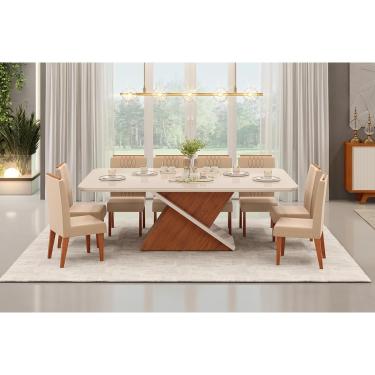 Imagem de Conjunto: Mesa Sala Jantar Zafira c/ Tampo Madeirado c/ Vidro Curvo 200x100cm e 8 Cadeiras Lia Freijo/Off White - Linho Neve - DJ Móveis
