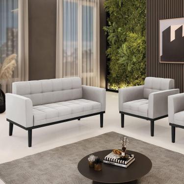 Imagem de Conjunto Poltrona E Namoradeira Decorativa Pés Fixo Em Madeira Preto Veludo Cinza