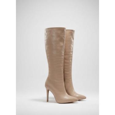 Imagem de Bota feminina cano alto salto fino croco bege/caramelo - Taty Morena c