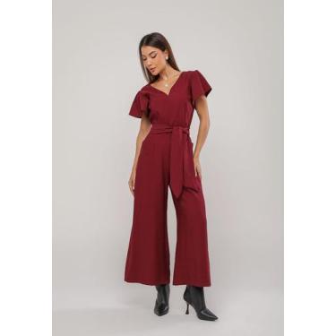 Imagem de Macacão Alfaiataria Pantalona com Manga Curta e Faixa na Cintura Vinho