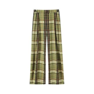 Imagem de Calças Baggy De Cintura Alta Com Estampa Xadrez Para Mulheres, Moda De