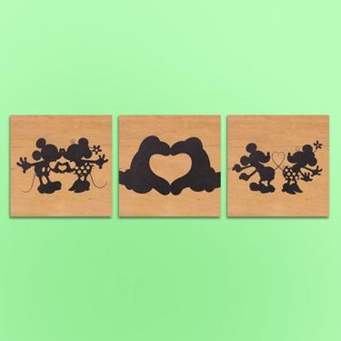 Imagem de Kit com 3 Quadros Mickey e Minnie Cute Shadow Tpc para Decoração com Impressão UV em Ma...