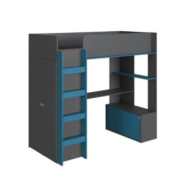 Imagem de Cama Elevada Multifuncional com Armário e Escrivaninha Grafite/Azul Se