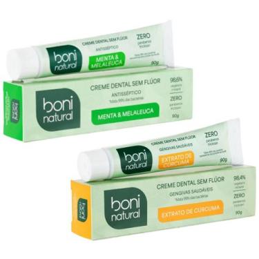 Imagem de Kit 2 Creme Dental Boni Natural Sem Fluor Menta Hortela Curcuma Anti-i