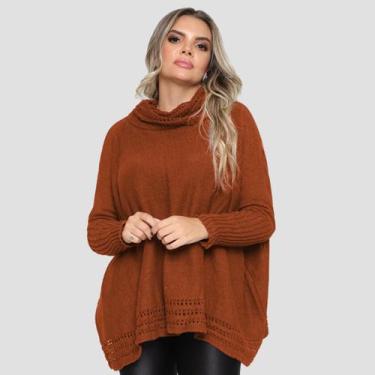 Imagem de Poncho Feminino Tricô Lã Gola Alta Confortavél Tendência Frio - GIP, T