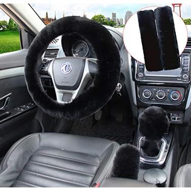 Imagem de Pinbola Conjunto 5 peças em 1 de lã sintética capa de volante macia e fofa capa de freio de mão e capa de câmbio de equipamento e 2 peças de almofadas de ombro para cinto de segurança, ajuste universal para 38 cm (preto)