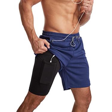 Imagem de Bestgift Bermuda masculina de corrida de camada dupla para basquete, fitness, multifuncional, apertada, secagem rápida, Azul tibetano, XX-Large