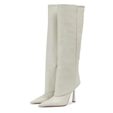 Imagem de Goolita Botas femininas dobráveis, bico fino, salto stiletto, botas de cano alto sem cadarço, de couro, crocodilo, Branco, 7