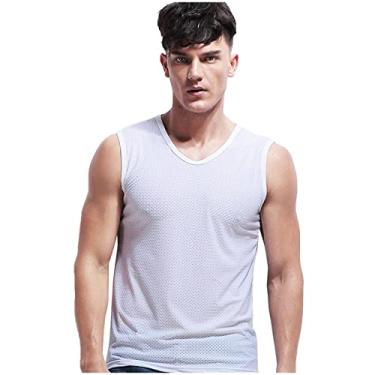 Imagem de Camisa de manga comprida listrada masculina verão respirável gelo seda camiseta sem mangas cultivar simulações de fitness para homens, Branco, XG