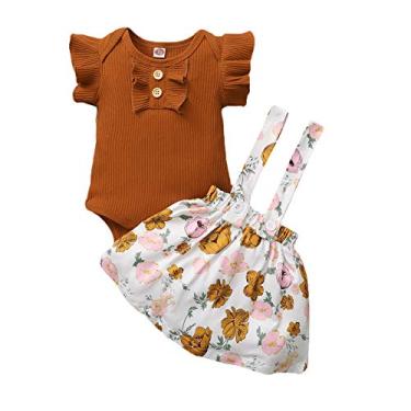 Imagem de Macaquinho para bebês, recém-nascidas, macaquinho com babados e estampa floral, conjunto de saia com suspensório, Amarelo, 12-18 Months