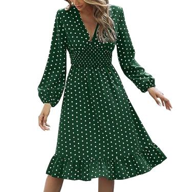 Imagem de Vestido feminino outono cor sólida cintura envoltório mostrar estampa de pontos finos vestido de manga comprida feminino vestidos longos casual, Verde, M