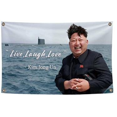 Imagem de Kim Jong Un Flag 3x5Ft With Old saying Live Laugh Love Four Brass Grommets Banner New 100D Satin-Durable Man Cave Wall Flag with Brass Grommets for College Dorm Room Decor,Outdoor,Parties,Gift