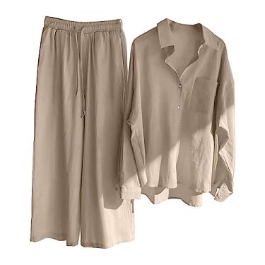 Imagem de Conjunto feminino de linho de duas peças, conjunto de camisa e calça de linho de verão para praia, conjunto de 2 peças para mulheres, Aa1-bege, 4X-Large