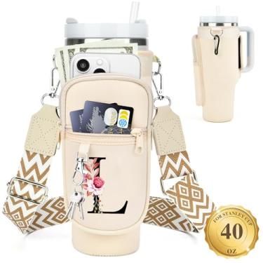 Imagem de LOKASS Suporte de garrafa de água personalizado com alça para acessórios Stanley Cup Tumbler de 1,134 g, bolsa de transporte inicial para garrafa de água com bolso para telefone, para mulheres, ideal