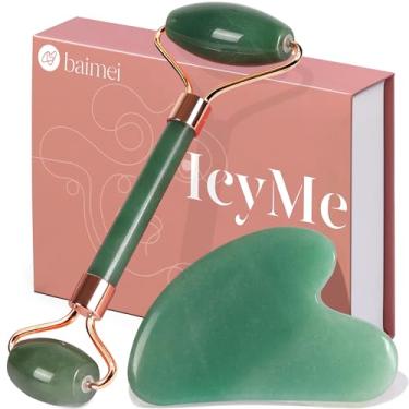 Imagem de Conjunto de Rolo de Jade e Gua Sha – Ferramenta de massagem para o rosto e o corpo, aplicador de aventurina verde para rosto, pescoço e músculo corporal – relaxante e estimulante fluxo