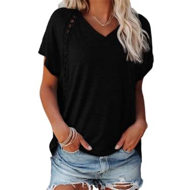 Imagem de EVALESS Moda feminina de verão superdimensionada casual manga curta decote em V camisetas de patchwork de renda 2024 camisetas básicas blusas camisetas, B Preto, XXG