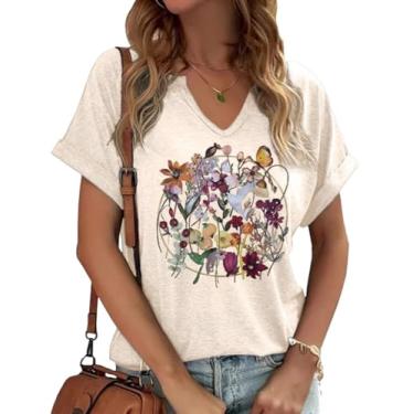 Imagem de Earlymemb Camiseta feminina vintage com estampa de flores e gola V Boho floral flores silvestres casual Cottagecore camiseta manga curta, B - damasco - 1, G