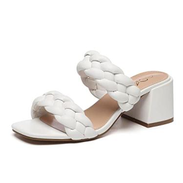 Imagem de Athlefit Sandálias femininas trançadas de salto com tiras quadradas, bico aberto, salto sem costas mules sem cadarço, Branco, 6