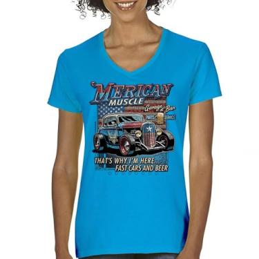 Imagem de Camiseta feminina "Merican Muscle Fast Cars and Beer gola V Hot Rod Enthusiast Car Show bandeira americana orgulho rota 66 camiseta, Turquesa, M