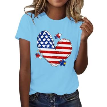 Imagem de Camiseta feminina com bandeira da América, patriótica, listras, estrelas, dia memorial, roupa feminina, patriótica, divertida, estampada, camisetas, Azul, 3G