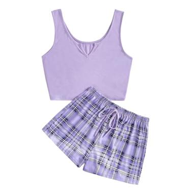 Imagem de SOLY HUX Conjunto de pijama feminino de 2 peças, camiseta regata e short xadrez, gola entalhada, sem mangas, conjunto de pijama, Xadrez roxo malva, G