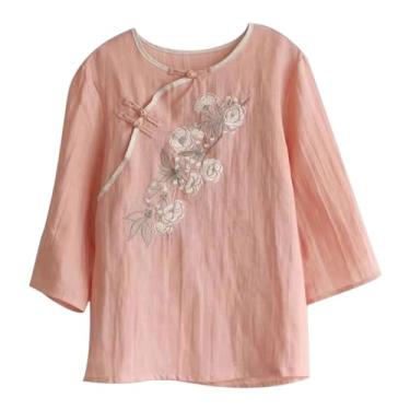 Imagem de Blusas de linho soltas para mulheres, estampa floral, verão, gola redonda, manga curta, blusa de mistura de algodão, rosa, 3G