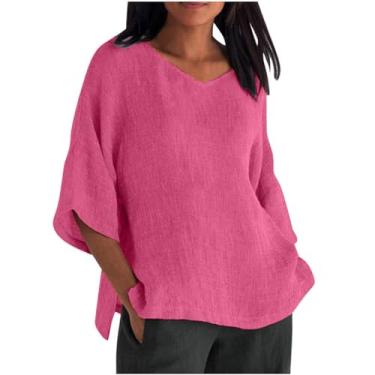 Imagem de Túnica feminina de algodão e linho, manga 3/4, gola redonda, caimento solto, blusa de linho para mulheres, Z03 - Rosa quente, GG