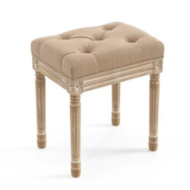 Imagem de LUE BONA Assento estofado de tecido, bancos de maquiagem para penteadeira, banco otomano quadrado tufado com pernas de madeira esculpida para quarto, sala de estar, cor trigo