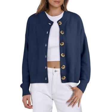 Imagem de ioiohahaun Cardigã feminino de tricô, jaqueta cropped de manga comprida com botões na frente aberta, Azul escuro, P