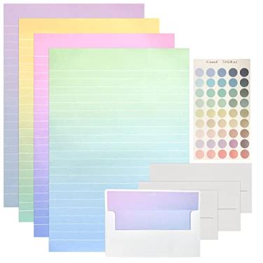 Imagem de KUANVE Conjunto de papel de papelaria e envelopes coloridos de 72 peças, papel de escrita com 48 letras forradas, 24 envelopes e adesivos, conjunto de artigos de papelaria com letras de cores gradientes para escrever poemas, letras de convites de casamento