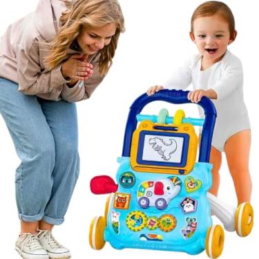 Imagem de Kit carrinho de passeio infantil andador bebe carro de empurrar que vira mesa com atividades didático educativo + lousa magica + brinquedo musical teclado com som presente menina bebê menino 1 ano (Azul)