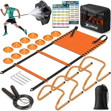 Imagem de Kit de treinamento de velocidade e agilidade X-UMEUS, com escada de 6 metros, 12 cones, 4 barreiras, corda de pular, paraquedas de corrida, treino de futebol, basquete para crianças, jovens e adultos