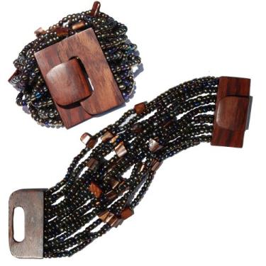 Imagem de Pulseira Bali Étnica de Bronze Arco-íris Marrom com Fecho de Madeira - 14 Fios Elásticos com Conchas de Esfregão, 8 inches, Vidro