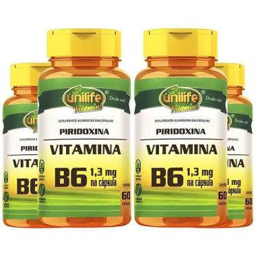 Imagem de Kit C/4 Vitamina B6 Piridoxina 500mg 60 Cápsulas Vegan - Unilife