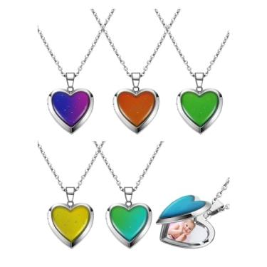 Imagem de Hicarer Colar com medalhão de coração para meninas, crianças, medalhão que muda de cor, aço inoxidável, sensor de temperatura, humor, formato de coração, pingente de foto, presente de aniversário e