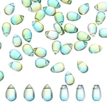 Imagem de PATIKIL Grânulos de gota de vidro tcheco, 50 peças de contas de semente de vidro transparente perfuradas na parte superior contas de gota de chuva de cristal, verde claro, 6 x 9 mm