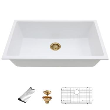 Imagem de Pia de cozinha composta de granito 33 – Beslend Pia de cozinha de granito de 83 x 48 cm embaixo da pia de quartzo branco clássica sob o balcão bacia de pia única