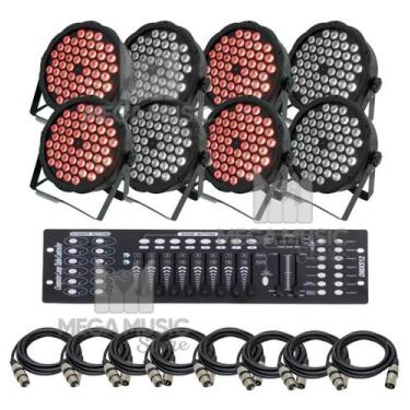 Imagem de 8 Canhao Refletor 64 Rgb 54 Leds Triled 3w + Mesa DMX + Cabos DMX 5M -