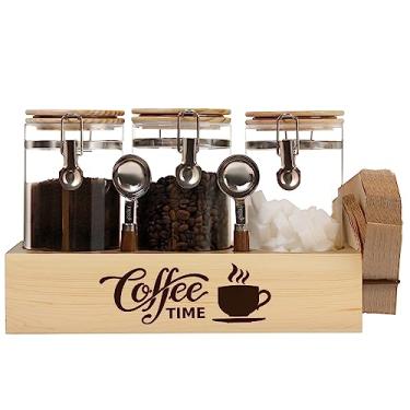 Imagem de EQEY Conjunto de Vasilha de Café de Vidro com Prateleira e Colheres Recipientes de Café de 3 Peças para Café Moído, Armazenamento de Grãos de Café, Vedação Hermética, Suporte de Filtro de Café para Ba