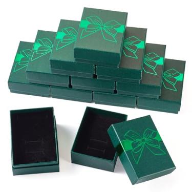 Imagem de Boutigem 12 peças de caixas de presente de joias impressas com laço verde profundo para o Natal, caixa de presente retangular de papel de papelão, 7 x 9 cm, caixas de embalagem de presente para