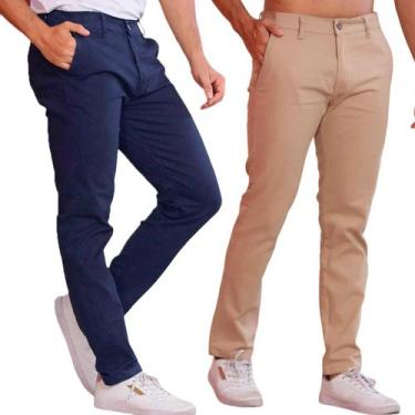 Imagem de Kit 2 Calça de Sarja Caqui e Azul-Marinho Corte Alfaiataria Masculina 