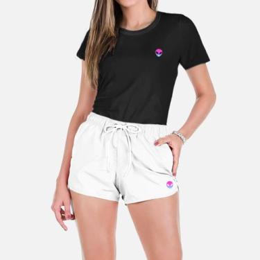 Imagem de Conjunto Feminino Verão Moda Praia Camiseta Algodão Short Tactel Estam