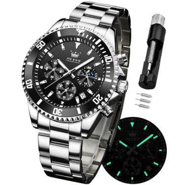 Imagem de OLEVS Relógio masculino cronógrafo de aço inoxidável, analógico, quartzo, à prova d'água, data, fase da lua, negócios, clássico, luminoso, Prata e verso, moda clássica