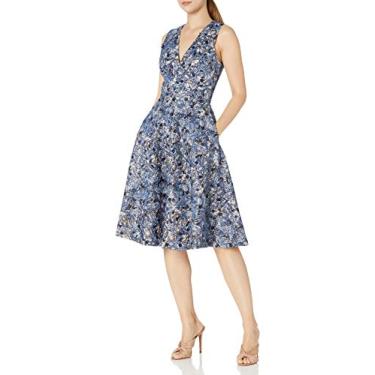Imagem de Dress the Population Vestido feminino Sally sem mangas justo e flare midi, Azul mineral multi, P