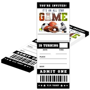 Imagem de Cartões de aniversário esportivos - 20 cartões de convite de ingressos de basquete beisebol futebol tênis - É um convite de aniversário de todas as estrelas com envelopes para adolescentes crianças