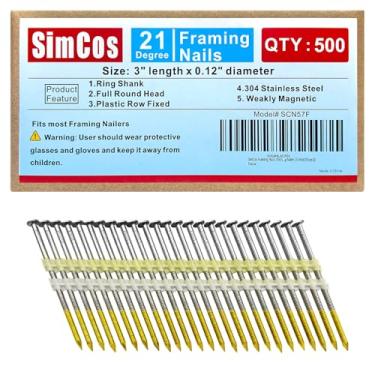 Imagem de SimCos Pregos emoldurados de aço inoxidável 304 21° com cabeça redonda completa prego de haste de anel de 21 graus para pregador pneumático, elétrico de 21 graus (7,6 cm (500 peças))