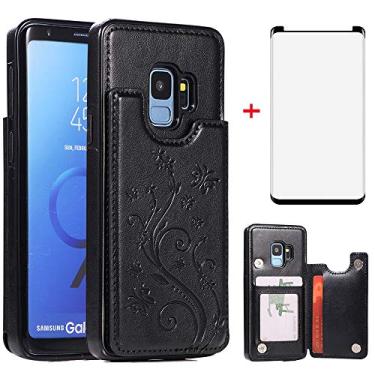 Imagem de Capa de telefone para Samsung Galaxy S9 com protetor de tela de vidro temperado porta-cartões carteira suporte flip borboleta relevo acessórios de celular de couro Glaxay S 9 Edge 9S GS9 capas